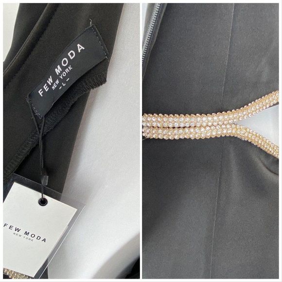 $159 Few Moda Bodycon Black Peek a Boo Rhinestones Detail Dress NWT large - Picture 6 of 6